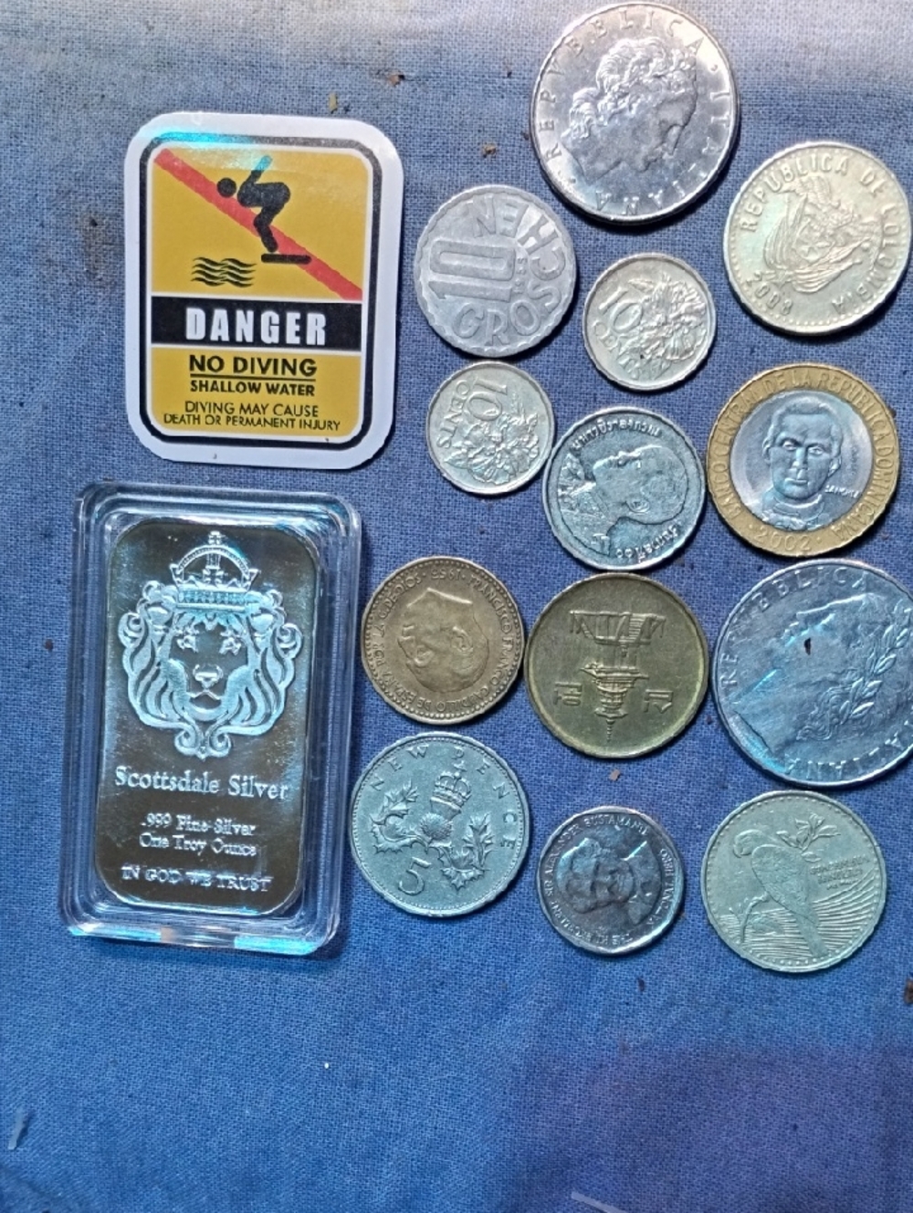 Scottsdale Silver Billion1 oz Bar + Assorted World Coins - Silver & Mixed Metals